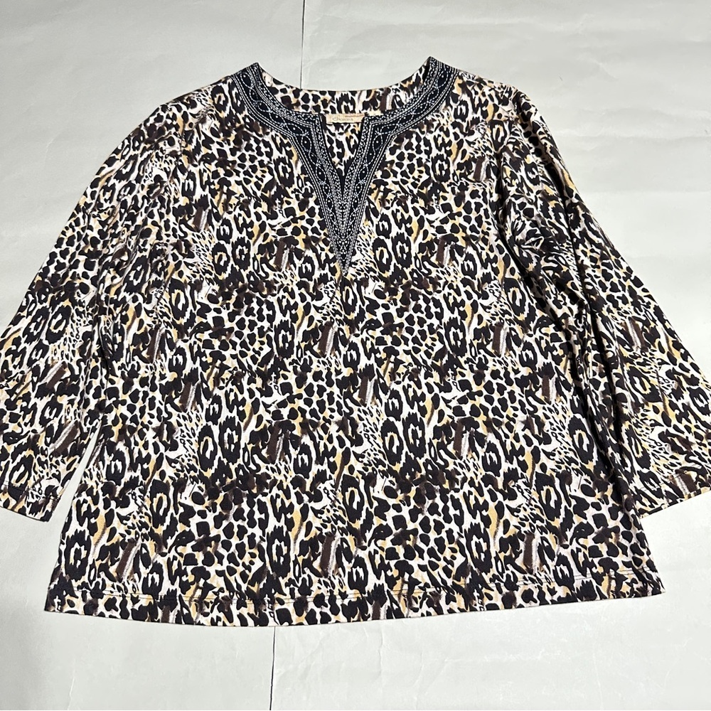 Choices Leopard Print Cotton Tunic Top Black Tan White Boho Style Size M